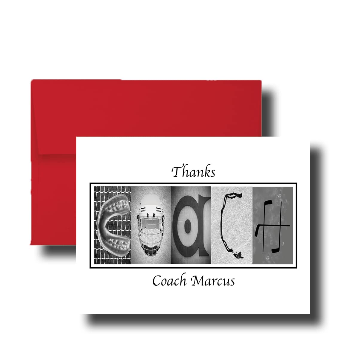 Personalized Hockey Black and White Coach Thank You Card, 5"x 7" FLAT CARD, Greeting Cards