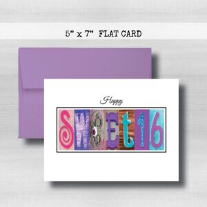 Sweet 16 Happy Birthday Card, 5" x 7" FLAT CARD, Personalized Greeting Cards