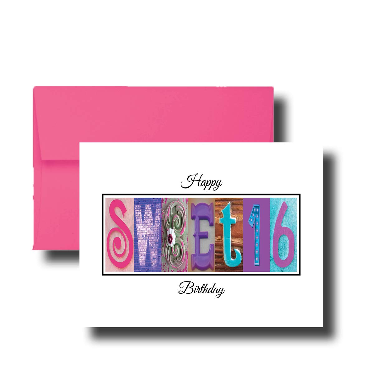 Sweet 16 Happy Birthday Card, 5" x 7" FLAT CARD, Personalized Greeting Cards