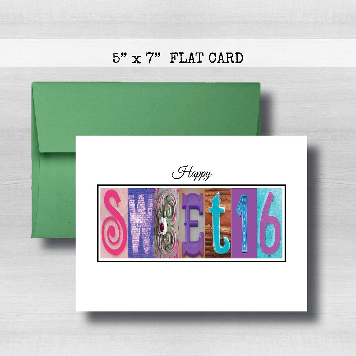 Sweet 16 Happy Birthday Card, 5" x 7" FLAT CARD, Personalized Greeting Cards