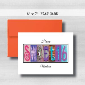 Sweet 16 Happy Birthday Card, 5" x 7" FLAT CARD, Personalized Greeting Cards