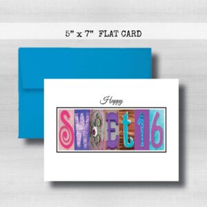 Sweet 16 Happy Birthday Card, 5" x 7" FLAT CARD, Personalized Greeting Cards