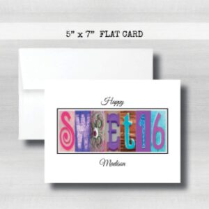 Sweet 16 Happy Birthday Card, 5" x 7" FLAT CARD, Personalized Greeting Cards