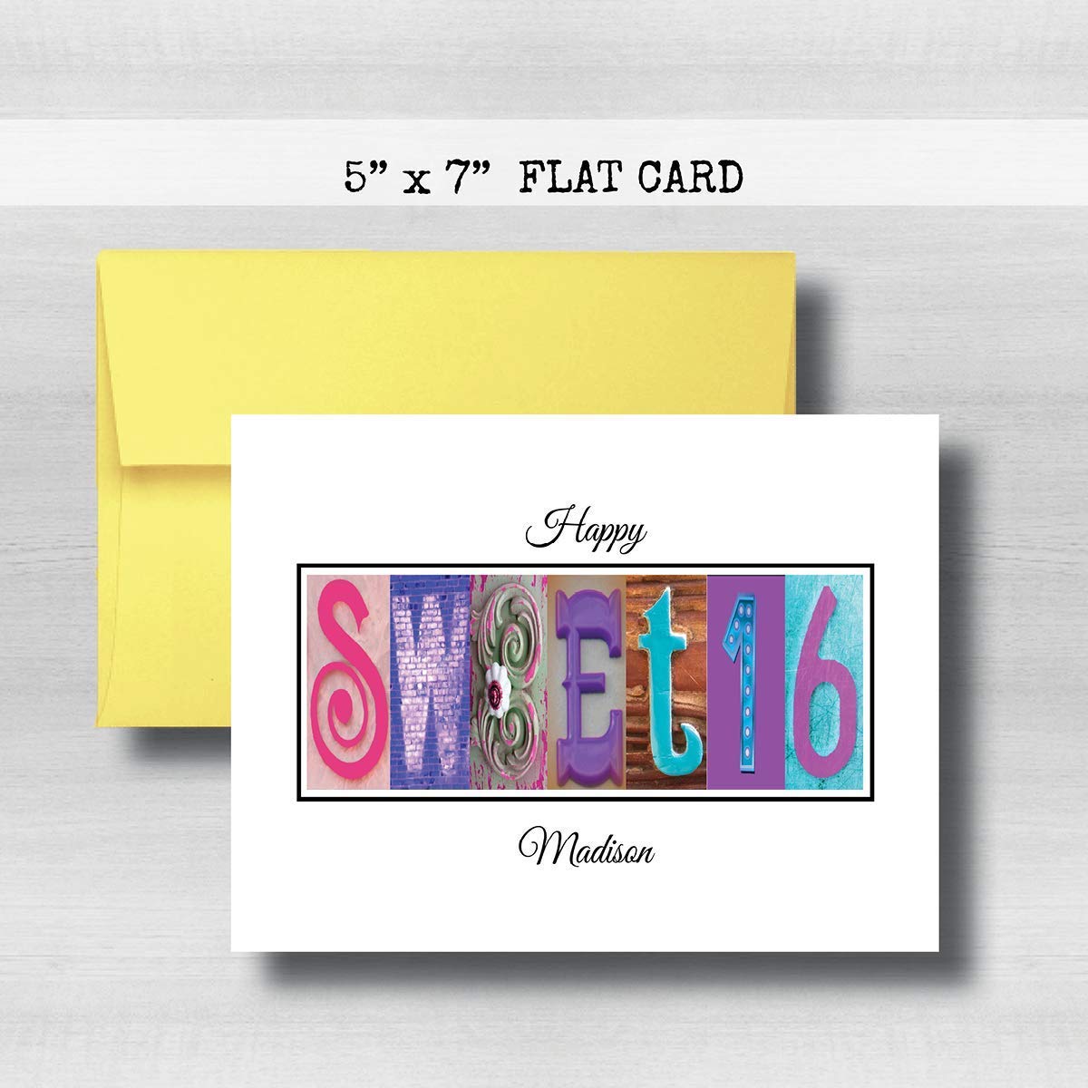 Sweet 16 Happy Birthday Card, 5" x 7" FLAT CARD, Personalized Greeting Cards