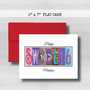 Sweet 16 Happy Birthday Card, 5" x 7" FLAT CARD, Personalized Greeting Cards