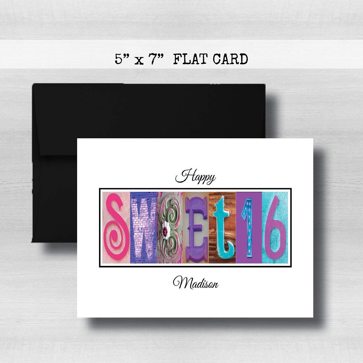 Sweet 16 Happy Birthday Card, 5" x 7" FLAT CARD, Personalized Greeting Cards