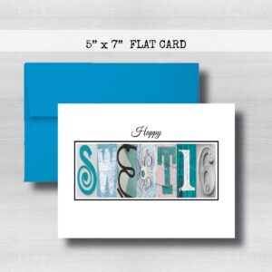 Sweet 16 Birthday Card, 5" x 7" FLAT CARD, Teal Blue White Milestone Greeting Cards