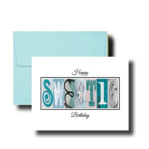 Sweet 16 Birthday Card, 5" x 7" FLAT CARD, Teal Blue White Milestone Greeting Cards