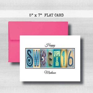 Personalized Sweet 16 Happy Birthday Card, 5" x 7" FLAT CARD, Milestone Greeting Cards