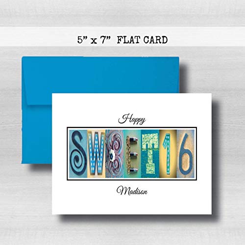 Personalized Sweet 16 Happy Birthday Card, 5" x 7" FLAT CARD, Milestone Greeting Cards