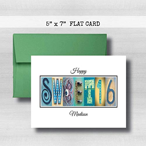 Personalized Sweet 16 Happy Birthday Card, 5" x 7" FLAT CARD, Milestone Greeting Cards