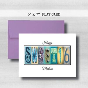 Personalized Sweet 16 Happy Birthday Card, 5" x 7" FLAT CARD, Milestone Greeting Cards