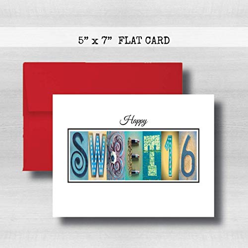 Personalized Sweet 16 Happy Birthday Card, 5" x 7" FLAT CARD, Milestone Greeting Cards