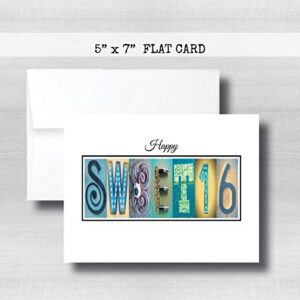 Personalized Sweet 16 Happy Birthday Card, 5" x 7" FLAT CARD, Milestone Greeting Cards