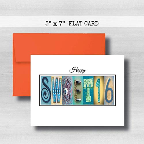 Personalized Sweet 16 Happy Birthday Card, 5" x 7" FLAT CARD, Milestone Greeting Cards