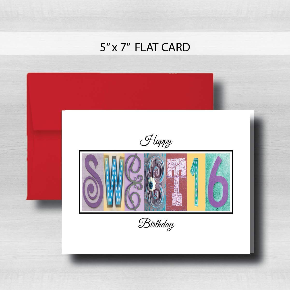 Sweet 16 Birthday Card, Milestone, 5" x 7" FLAT CARD, Pastel, Greeting Cards, Lavender, yellow, pink, blue