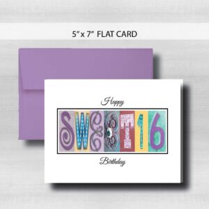 Sweet 16 Birthday Card, Milestone, 5" x 7" FLAT CARD, Pastel, Greeting Cards, Lavender, yellow, pink, blue