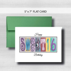 Sweet 16 Birthday Card, Milestone, 5" x 7" FLAT CARD, Pastel, Greeting Cards, Lavender, yellow, pink, blue