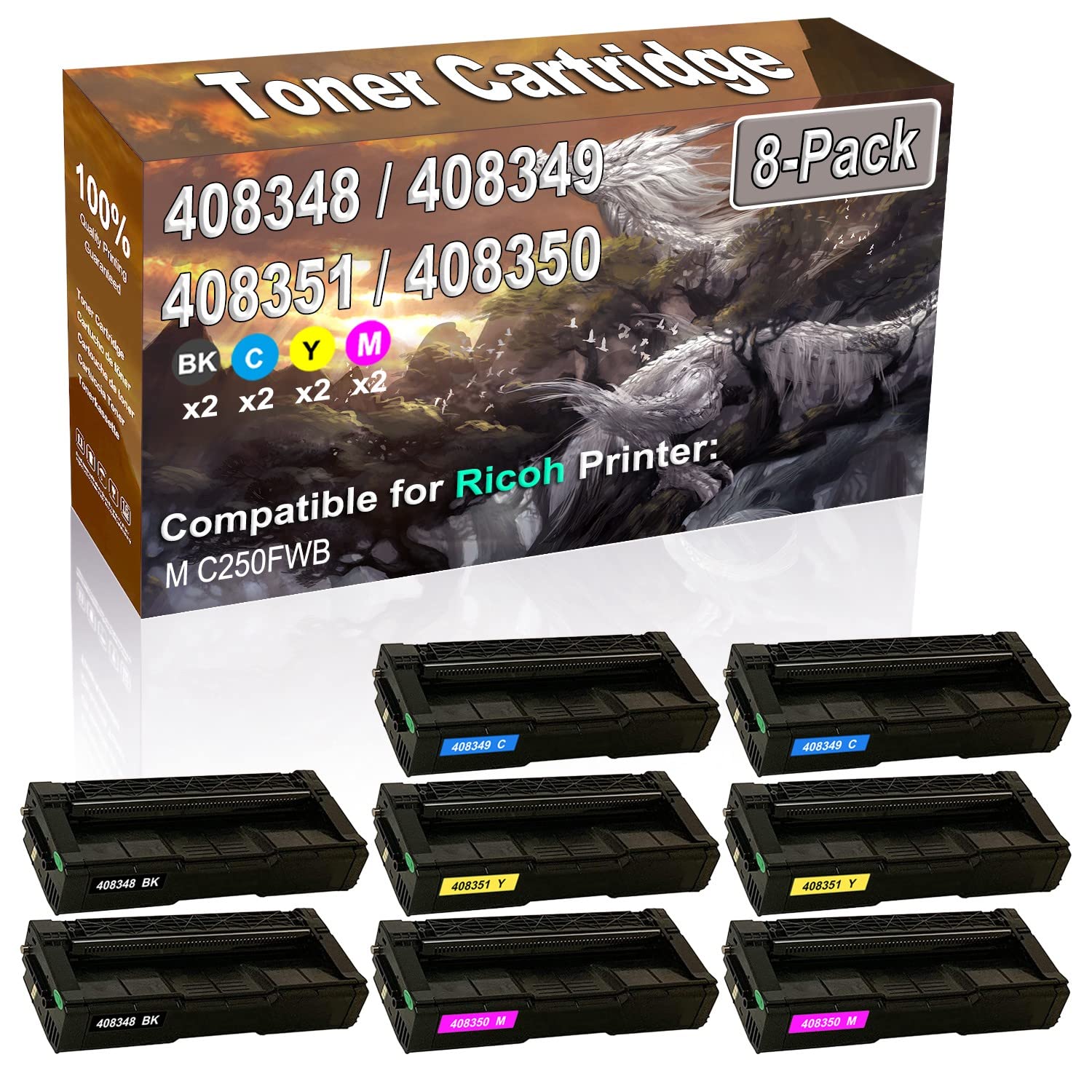 8-Pack (2BK/2C/2Y/2M) Compatible High Capacity M C250 (408348 408349 408351 408350) Imaging Toner Cartridge Used for Ricoh M C250FWB Printer