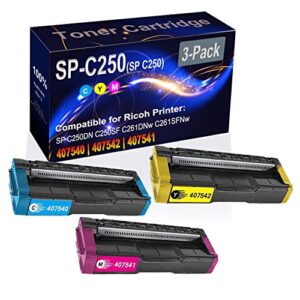 kolasels 3-pack (c+y+m) compatible high yield sp-c250 sp c250 (407540 407542 407541) printer toner cartridge use for ricoh sp c250dn c250sf c261dnw c261sfnw printers