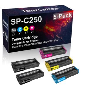 5-pack (2bk+c+y+m) compatible sp c250 (407539 407540 407542 407541) printer cartridge used for ricoh sp c250sf c261dnw c261sfnw printer (high yield)