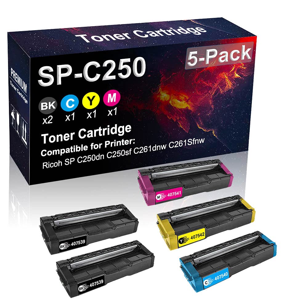 5-Pack (2BK+C+Y+M) Compatible SP C250 (407539 407540 407542 407541) Printer Cartridge Used for Ricoh SP C250sf C261dnw C261Sfnw Printer (High Yield)