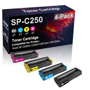 4-pack (bk+c+y+m) compatible high yield sp c250 (407539 407540 407542 407541) toner cartridge used for ricoh sp c250dn c250sf printer (texts-clear)