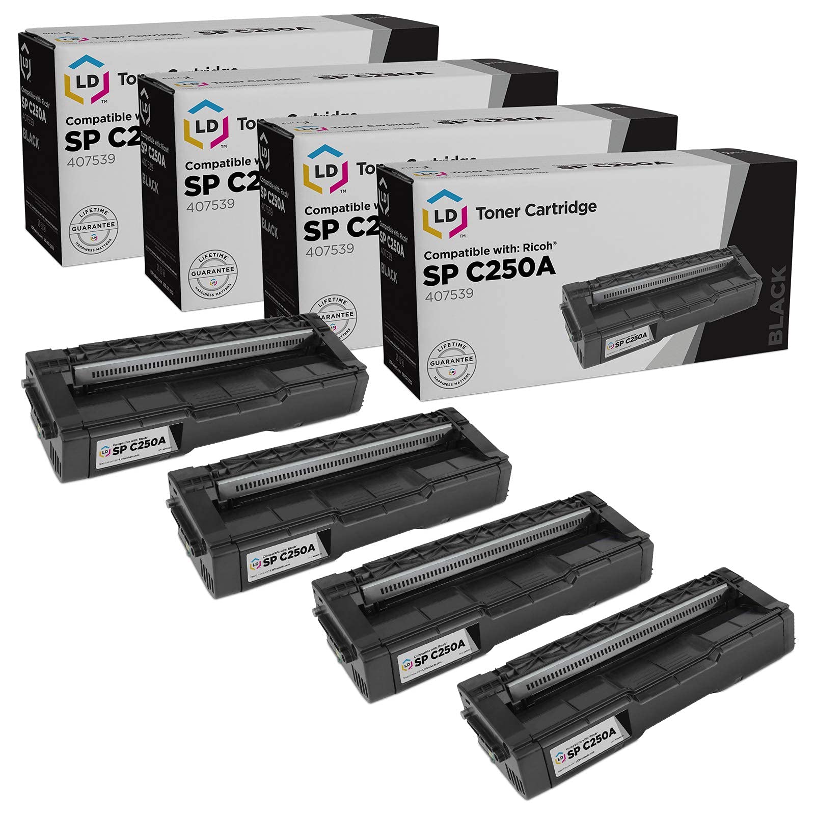 LD Compatible Toner Cartridge Replacement for Ricoh SP C250 407539 (Black, 4-Pack)