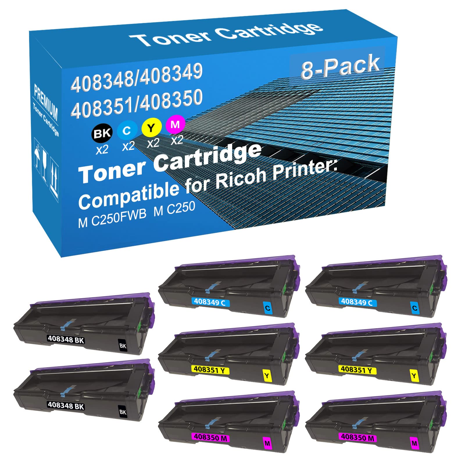 Jullu 8-Pack (2BK+2C+2Y+2M) Compatible High Capacity 408348+ 408349+ 408351+ 408350 Toner Cartridge Used for Ricoh M C250FWB, M C250 Printer