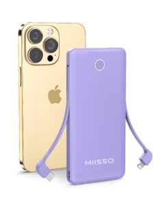 miisso 10000mah slim portable charger with built in cable, power bank travel charger external battery pack for phone, 4 output usb type c cord clutch charger compatible with iphone, purple