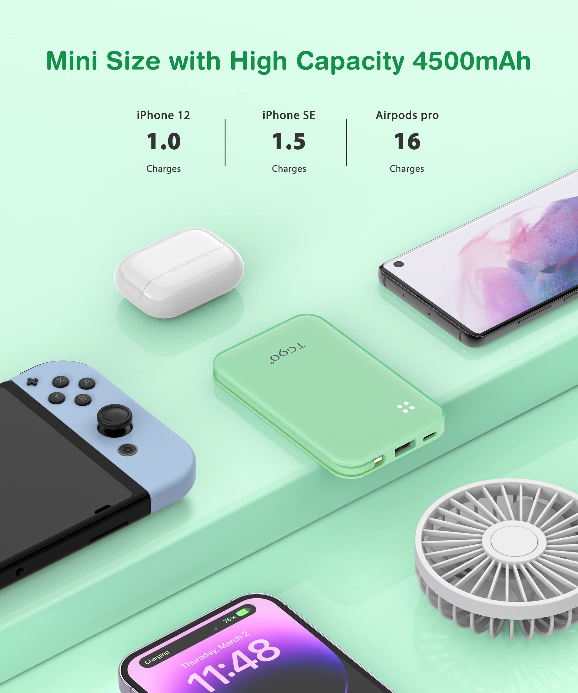 TG90° 4500mah Small Power Bank with Built-in Cable, Pocket Friendly Portable Battery Pack Charger Compatible with iPhone 14/14 Pro/13/13 Pro/12/12 Pro/11/11 Pro/X/XS/SE and More