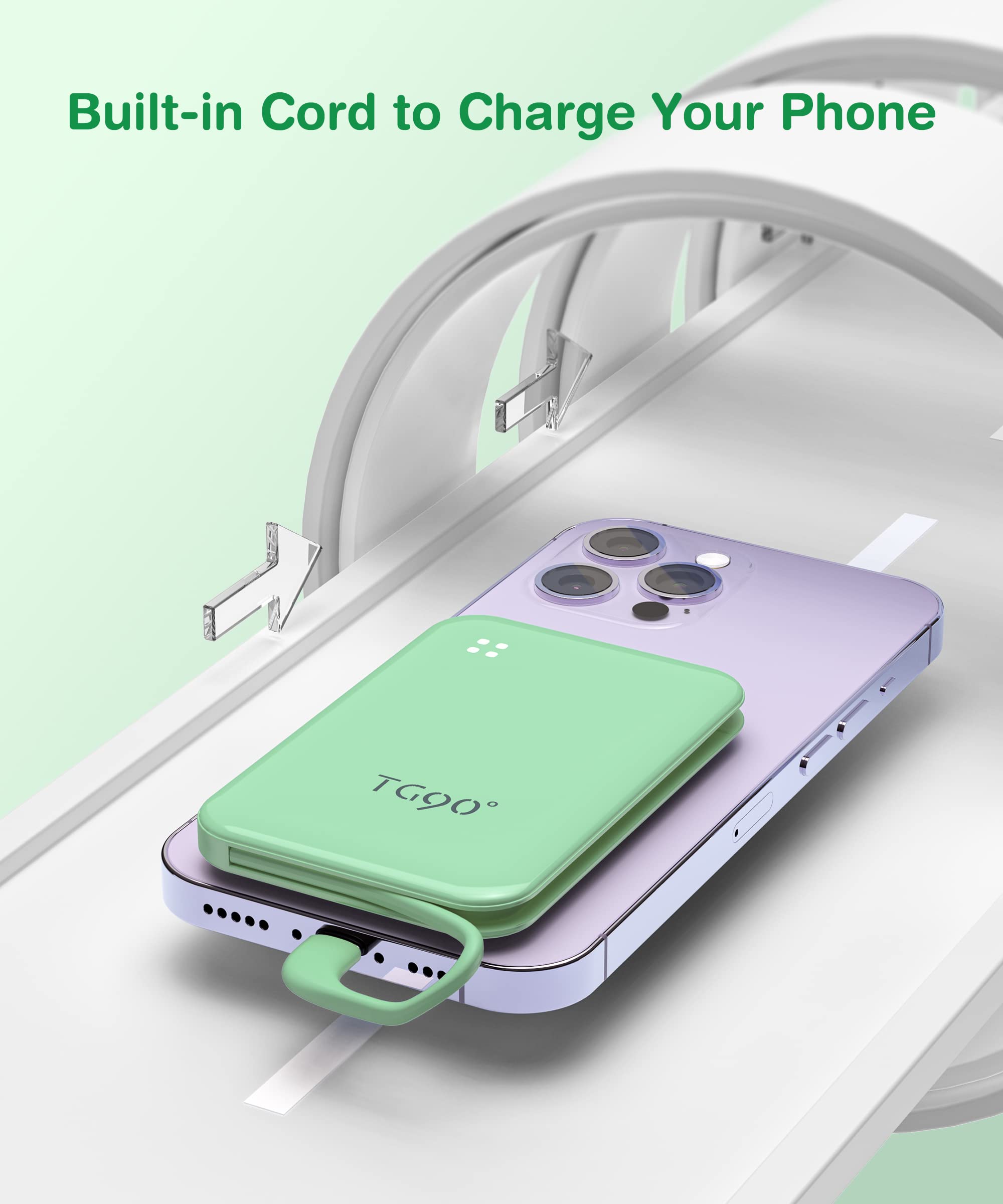 TG90° 4500mah Small Power Bank with Built-in Cable, Pocket Friendly Portable Battery Pack Charger Compatible with iPhone 14/14 Pro/13/13 Pro/12/12 Pro/11/11 Pro/X/XS/SE and More