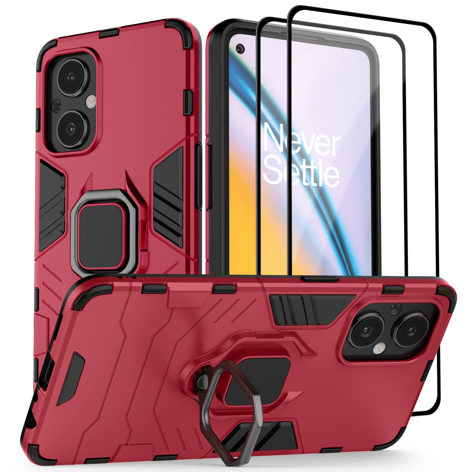 Lokyoo for Oneplus Nord N20 5G Case with Tempered Glass Screen Protector [2pcs], 1+ Nord N20 5G, Full Protective Case with Metal Ring Magnetic Support Kickstand for Oneplus Nord N20 Red