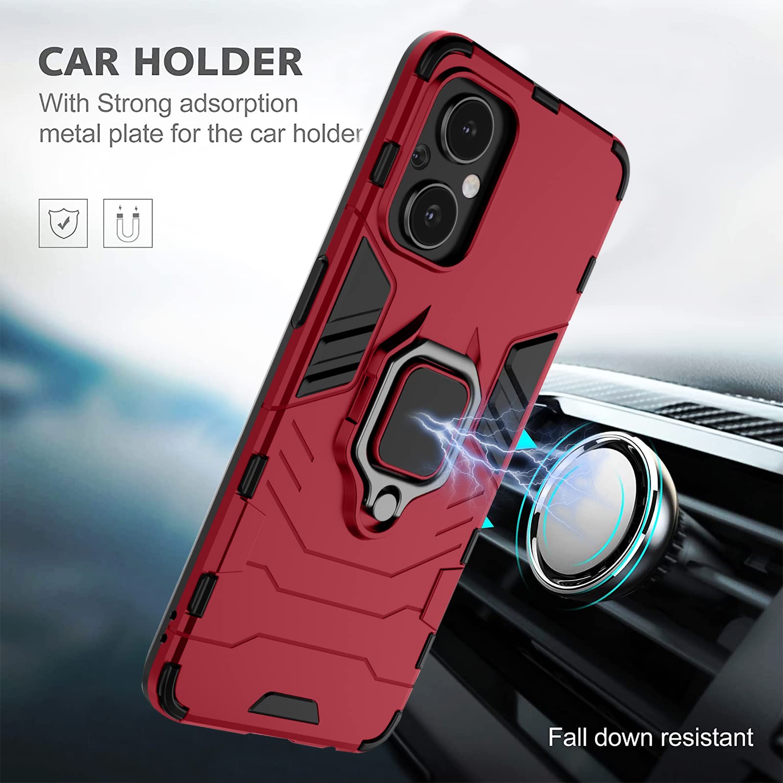 Lokyoo for Oneplus Nord N20 5G Case with Tempered Glass Screen Protector [2pcs], 1+ Nord N20 5G, Full Protective Case with Metal Ring Magnetic Support Kickstand for Oneplus Nord N20 Red