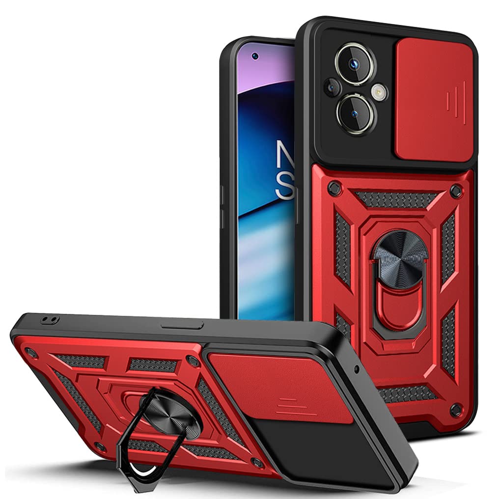 Ysnzaq Military Grade Heavy Duty Shockproof Phone Case for OnePlus Nord N20 5G, Sliding Window Lens Protection with Magnetic Car Bracket Phone Cover for OnePlus Nord N20 5G SJ Red