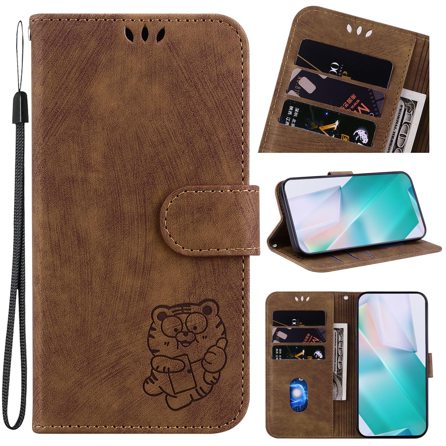 Designed for OnePlus Nord N20 5G Phone Case Wallet,PU Leather Flip Folio Cover with Credit Card Holders Little Cute Tiger Embossed Kickstand Wrist Strap Purse Case for OnePlus Nord N20 5G,Brown