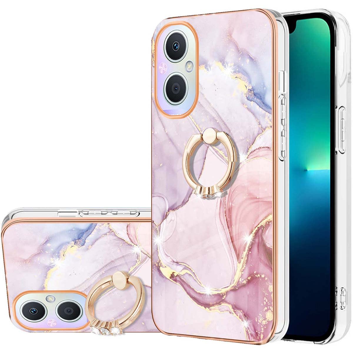 CCSmall Marble Pattern Case for OnePlus Nord N20 with 360°Ring Holder Kickstand, Ultra Slim PC Material Shockproof Protective Girls Women Case Cover for OnePlus Nord N20/Oppo Reno 7Z DLS Rose Gold