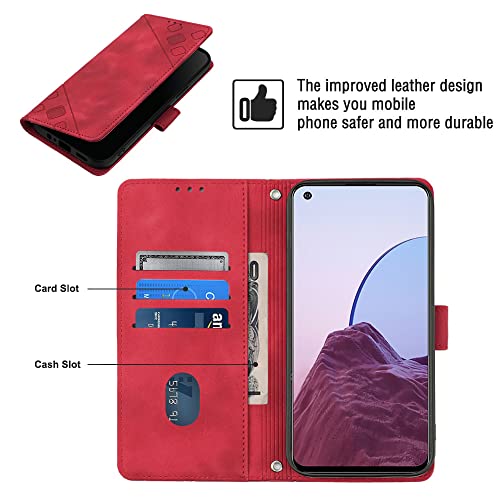 ONV Wallet Case for OnePlus Nord N20 5G - Solid Color Skin Flip Phone Case with Wrist Strap Card Holder Magnet Leather Shell Flip Stand Cover for Oppo Reno 7Z 5G / A96 5G / Reno 8 Lite 5G [005] -Red