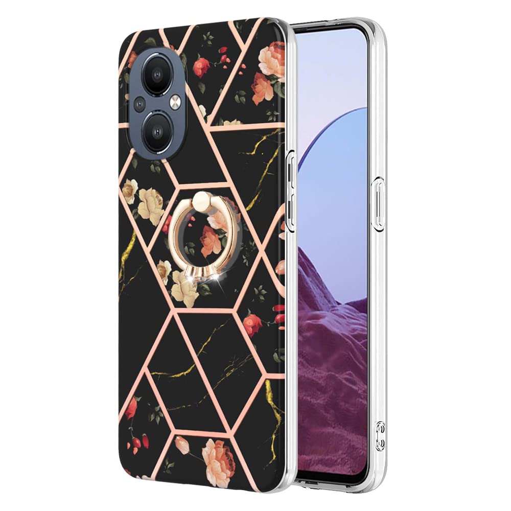 Compatible with OnePlus Nord N20 Case Black, Personalized Marble Plaid Flower Series Slim Phone Cases Shockproof Back Protective Cover Ring Holder for 1+ NordN20 5G / Oppo Reno 7Z 5G / Reno7 Lite 5G