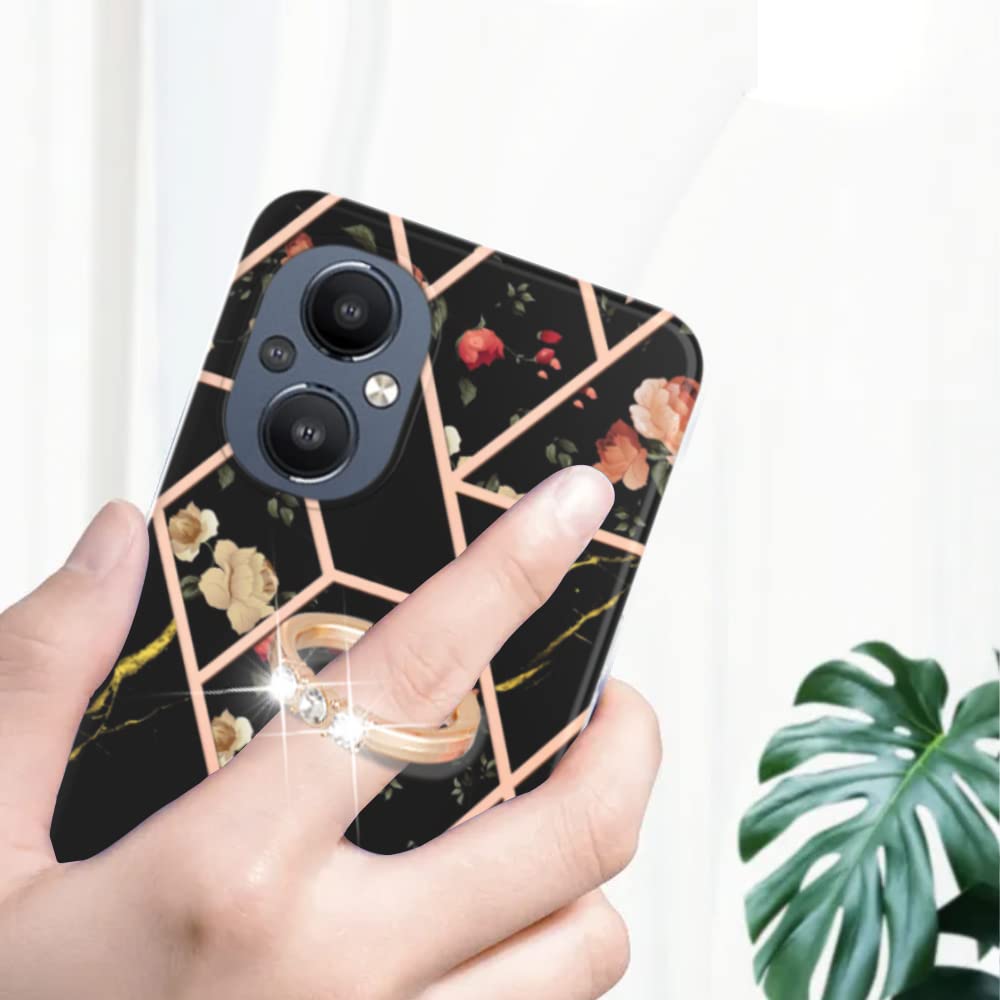 Compatible with OnePlus Nord N20 Case Black, Personalized Marble Plaid Flower Series Slim Phone Cases Shockproof Back Protective Cover Ring Holder for 1+ NordN20 5G / Oppo Reno 7Z 5G / Reno7 Lite 5G