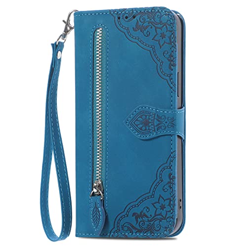 ONV Wallet Case for OnePlus N20 - with Zipper Wrist Strap Emboss Flower Flip Phone Case Card Slot Magnet Leather Shell Flip Stand Cover for OnePlus N20[SZY] -Blue