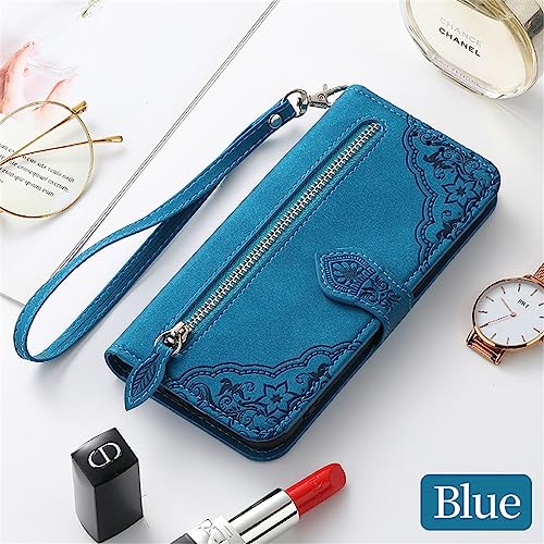 ONV Wallet Case for OnePlus N20 - with Zipper Wrist Strap Emboss Flower Flip Phone Case Card Slot Magnet Leather Shell Flip Stand Cover for OnePlus N20[SZY] -Blue