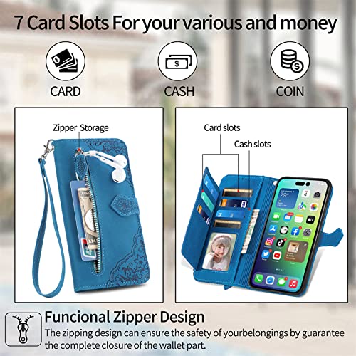 ONV Wallet Case for OnePlus N20 - with Zipper Wrist Strap Emboss Flower Flip Phone Case Card Slot Magnet Leather Shell Flip Stand Cover for OnePlus N20[SZY] -Blue