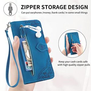 ONV Wallet Case for OnePlus N20 - with Zipper Wrist Strap Emboss Flower Flip Phone Case Card Slot Magnet Leather Shell Flip Stand Cover for OnePlus N20[SZY] -Blue