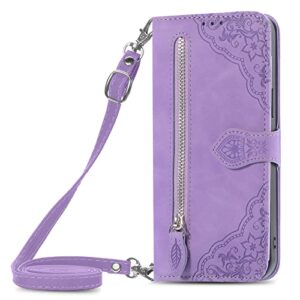 onv wallet case for oneplus n20 se -1.5m adjustable strap emboss flower flip phone case card slot magnet leather shell flip+zipper cover for oneplus n20 se [szy] -purple