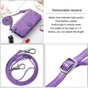 ONV Wallet Case for OnePlus N20 SE -1.5M Adjustable Strap Emboss Flower Flip Phone Case Card Slot Magnet Leather Shell Flip+Zipper Cover for OnePlus N20 SE [SZY] -Purple