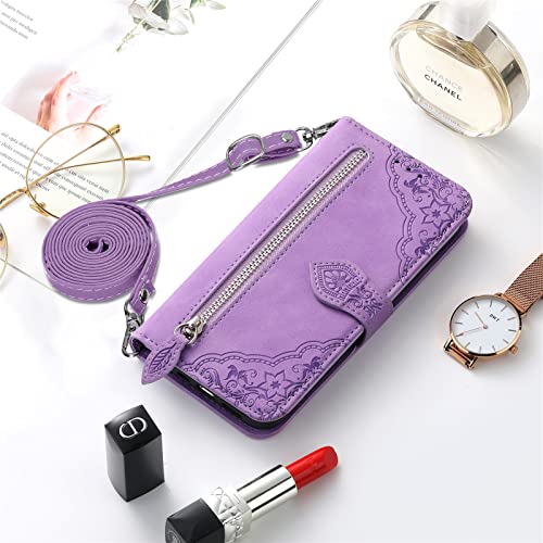 ONV Wallet Case for OnePlus N20 SE -1.5M Adjustable Strap Emboss Flower Flip Phone Case Card Slot Magnet Leather Shell Flip+Zipper Cover for OnePlus N20 SE [SZY] -Purple