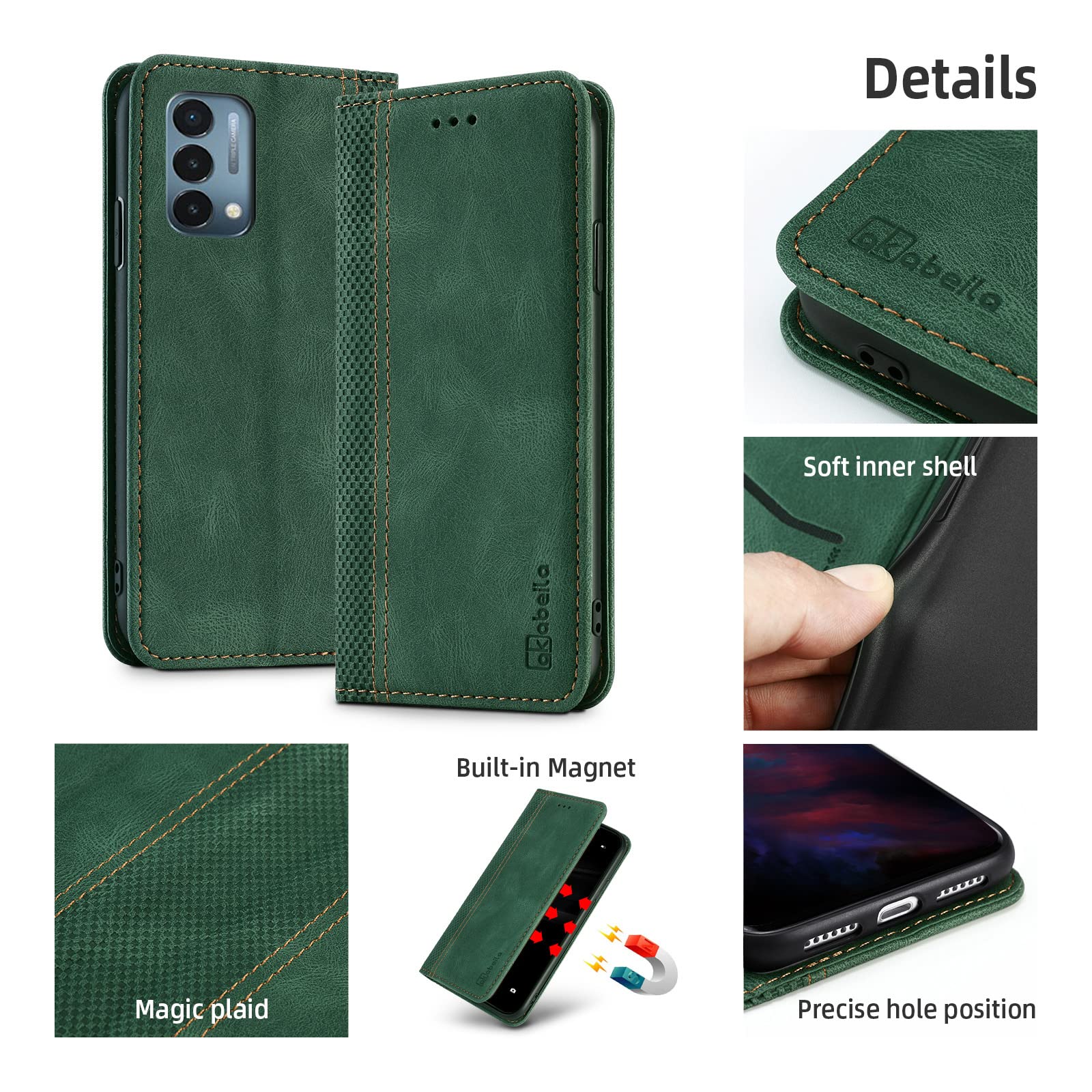 AKABEILA for OnePlus Nord N20 5G Case Luxury PU Leather Flip Case Folio Wallet Phone Case Women Men Cover with Card Holder Magnetic Closure Kickstand Shockproof Cover 6.43" Green