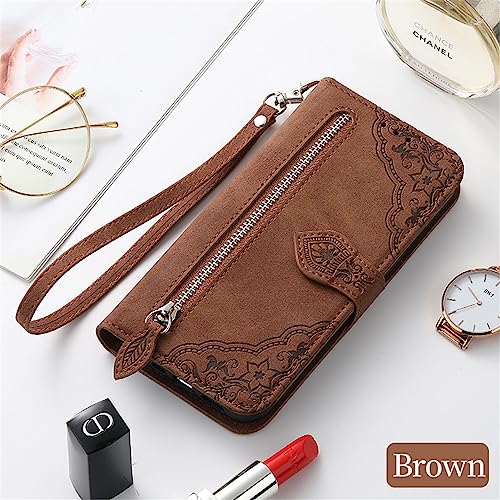 ONV Wallet Case for OnePlus N20 SE - with Zipper Wrist Strap Emboss Flower Flip Phone Case Card Slot Magnet Leather Shell Flip Stand Cover for OnePlus N20 SE[SZY] -Brown