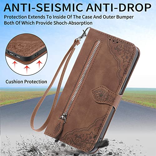 ONV Wallet Case for OnePlus N20 SE - with Zipper Wrist Strap Emboss Flower Flip Phone Case Card Slot Magnet Leather Shell Flip Stand Cover for OnePlus N20 SE[SZY] -Brown